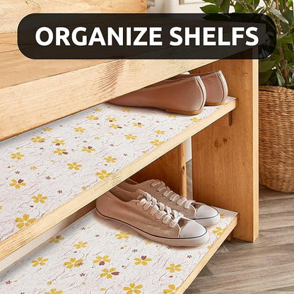 RAY STAR 18X96 Inch Shelf Liner for Kitchen Cabinets, Non-Adhesive Cabinet Liner Washable, PVC Drawer Liner for Dresser Non-Slip Bathroom (Yellow-Floral)(2 Roll)