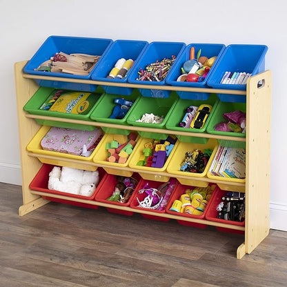 Humble Crew Extra-Large Toy Organizer with 20 Plastic Bins – Primary/Natural Storage Rack with 4-Tier Shelves, Anti-Tip Safety, for Kids’ Rooms, Playrooms, Nurseries & Classrooms
