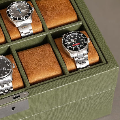 ROTHWELL 20 Slot Leather Watch box - Luxury Case Display Jewelry Organizer, - Locking Display Case Holder with Large Real Glass Top - Watch Box Organizer for Men and Women (Green/Tan)