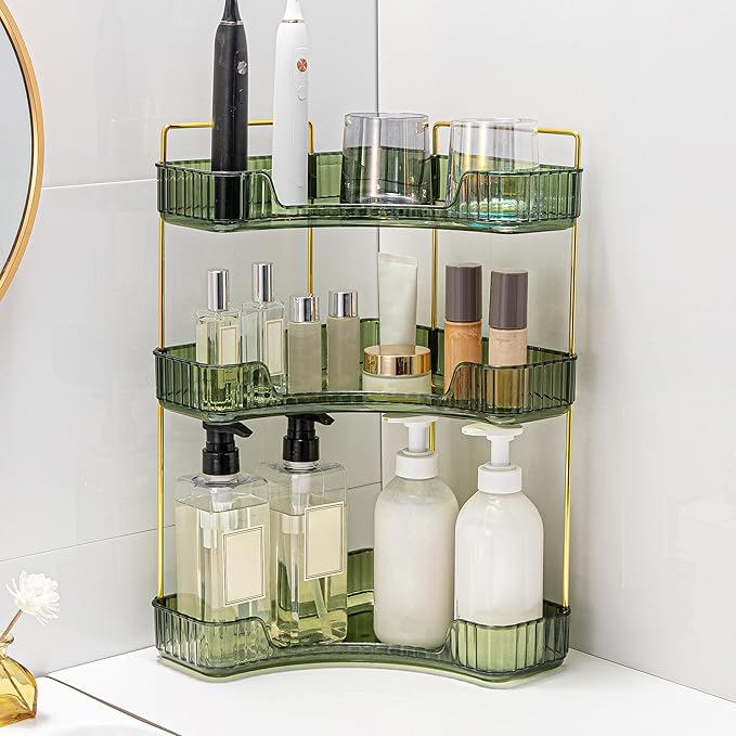 Weidace Corner Bathroom Counter Organizer Bathroom Countertop Shelf Makeup Organizer for Vanity Perfume Tray for Corner Storage (3 Tiers, Green)
