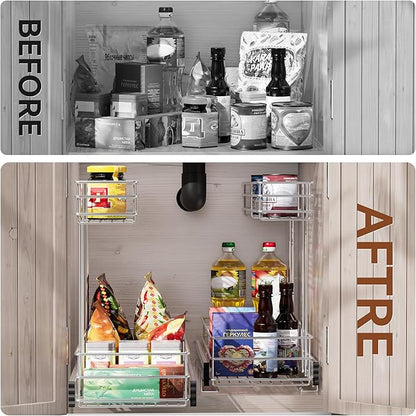 Under Sink Organizer 2 Packs, Pull Out Cabinet Organizer 2 Tier, Under Sink Slide Out Organizer Chrome Plated, Under Kitchen Bathroom Sink Organizer, Pantry Cabinet Closet Organization Rack, 9"W X19"D