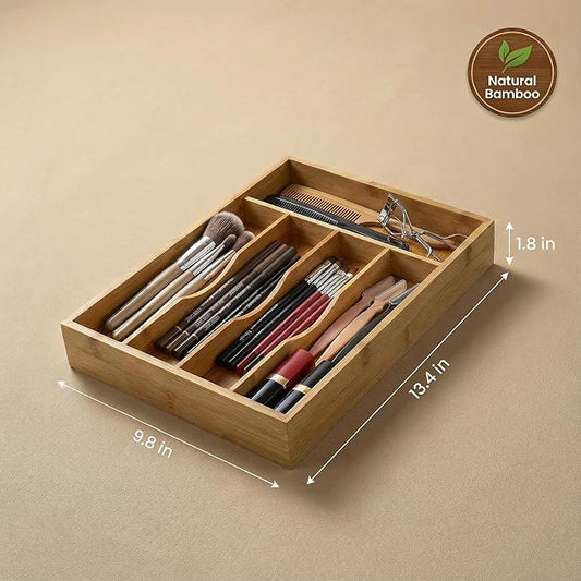 Bamboo Drawer Organizer - Kitchen Utensil Holder, 5 Slots Silverware Drawer Organization, Kitchen Wooden Tray for Cutlery, Flatware & Stationery - Natural