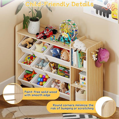 Kids Toy Storage Organizer, Wooden Shelf with 3 Tiers and 9 Storage Bins, Nursery Room Organizer for Books and Toys, White and Natural Wood