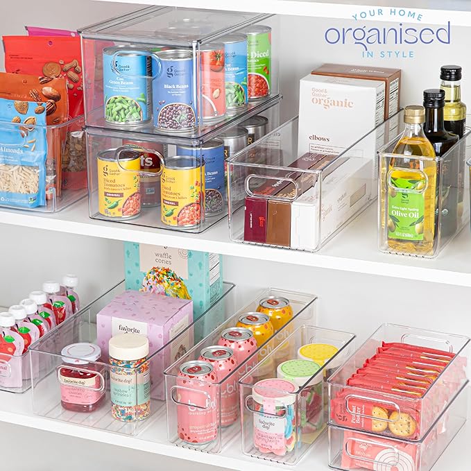 primebox Plastic Food Storage 2 Pack Clear Container Bin with Handles for Organizing Kitchen, Pantry, Refrigerator, Freezer, Pantry, Cabinet, Closet, Bathroom. 14”x4”x5”