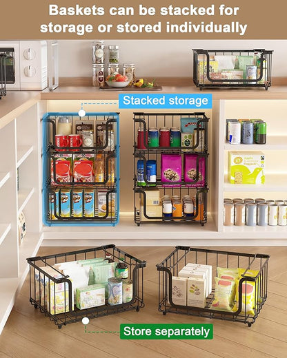 UMDONX 4 Pack Stackable Wire Baskets Storage Bins for Fruits, Vegetables, Potatoes & Onions | Pantry, Countertop, Laundry Organizer | Heavy Duty & Space Saving Black