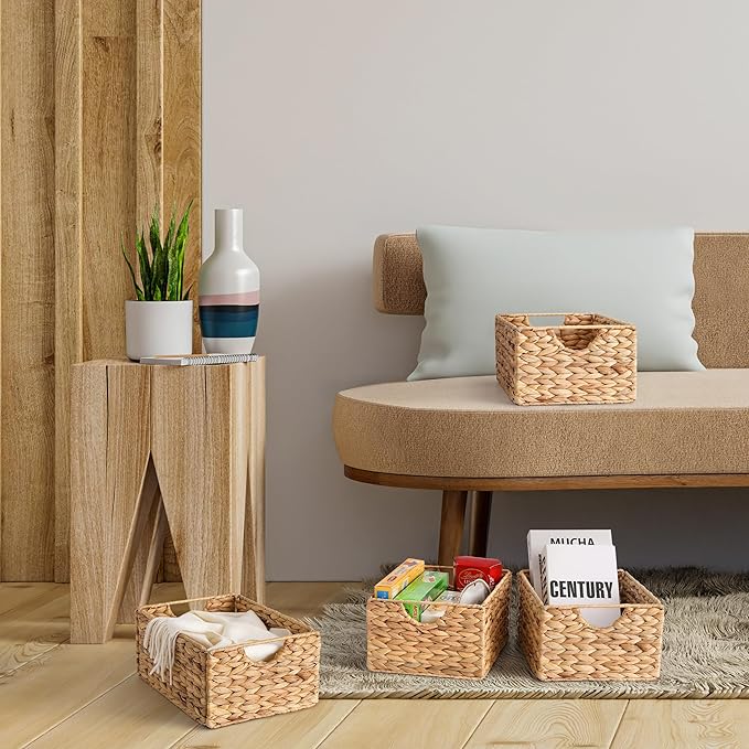 Water Hyacinth Pantry Baskets Set of 4, 12.5 x 9.5 x 6in Wicker Storage Baskets for Shelves, Pantry Baskets Organization, Bathroom Shelves Storage Basket