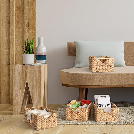 Water Hyacinth Pantry Baskets Set of 4, 12.5 x 9.5 x 6in Wicker Storage Baskets for Shelves, Pantry Baskets Organization, Bathroom Shelves Storage Basket