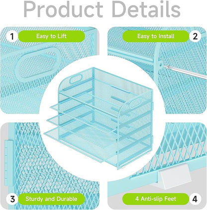 2 Pack 5 Tier Paper Organizer, Letter Tray with Handle, Mesh Desk Organizer, Metal File Organizer, Office Desk Accessories for Home, Office, Classroom, School -Blue