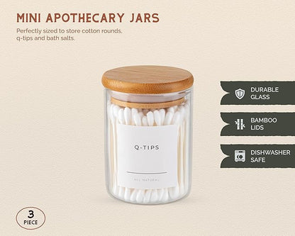 Mini Glass Apothecary Jars, Container Set, Bathroom Organizers and Storage, Bathroom Decor, with Bamboo Lids, Small Kitchen Containers, For Cotton Balls, Pads and Swabs, 10 oz, Set of 3