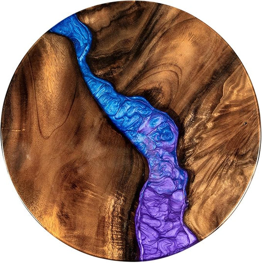 Handmade 16" Wood and Epoxy Resin Lazy Susan, Turntable for Kitchen Countertop, Rotating Display Stand, Round Wooden Platter, Organizer and Storage for Dining Table (Blue and Purple)