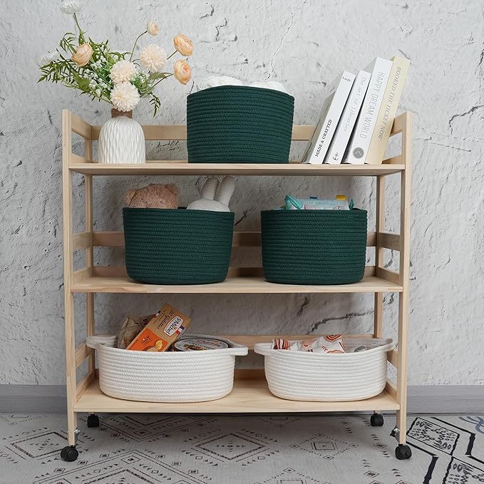 Woven Cotton Storage Baskets - 3-Pack Round Bins (10x10x7'') for Shelves, Closets & Bookcases | Durable Rope Organizers for Nursery, Baby, Toys, Easter & More (dark green)