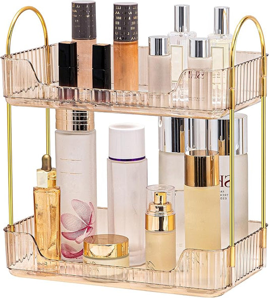 akinbas 2 Tier Bathroom Organizer Countertop Makeup Perfume Tray Skincare Organizer for Bathroom Dresser Vanity (Gold)