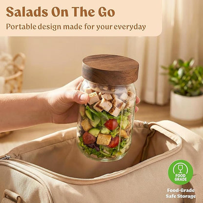 4 Pack Glass Salad Jars Pod with Wooden Lids for Meal Prep, Leakproof Container with Two Small Built in Cups for Wet/Dry Separation for Salad Dressing and Ingredients, 32oz Mason Jars