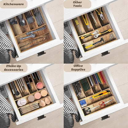 Acacia Wood Silverware Organizer, Kitchen Utensil Drawer Organizer for Forks, Knives & Spoons, 6-Compartment Cutlery Tray, Flatware Holder
