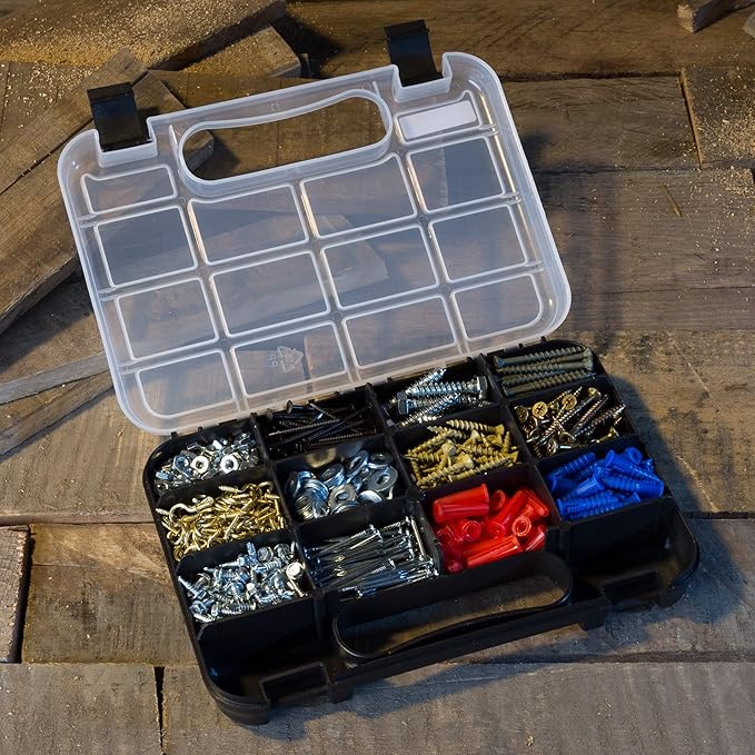 Hardware Organizer Box with Dividers - 14 Compartment Small Parts Organizer Portable Tool Box Organizer with Secure Latches - Plastic Screw Organizer Box for Nuts, Beads, Jewelry or Tackle by Stalwart