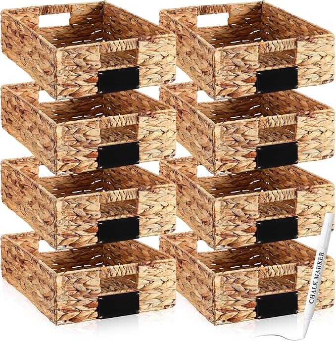 Nitial 8 Pcs 16 x 12 x 5 Inch Wicker Storage Basket, Rectangular Water Hyacinth Storage Baskets for Shelving, Foldable Woven Pantry Organizer with Chalkboard Label and Chalk Marker (Natural)