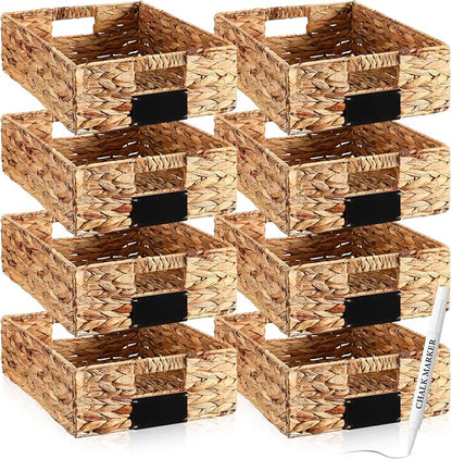 Nitial 8 Pcs 16 x 12 x 5 Inch Wicker Storage Basket, Rectangular Water Hyacinth Storage Baskets for Shelving, Foldable Woven Pantry Organizer with Chalkboard Label and Chalk Marker (Natural)