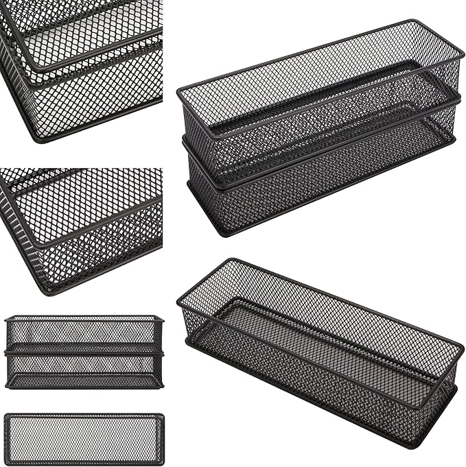 Annova Mesh Stackable Drawer Cabinet and Shelf Organizer Bins Storage Basket School Office Supply Holder Tray- Set of 2 (Black, 3x9x2 Inch)