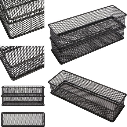 Annova Mesh Stackable Drawer Cabinet and Shelf Organizer Bins Storage Basket School Office Supply Holder Tray- Set of 2 (Black, 3x9x2 Inch)