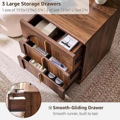 ACCOHOHO Modern Night Stand with Arched Panel, 18" Nightstand with Charging Station, Side Table with 3 Storage Drawers, Wood Square Bedside End Table for Bedroom Living Room, Brown