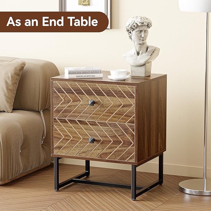 HOCAT Modern Nightstand Set of 2,Morden Night Stand with 2 Drawers,End Tables with Storage,Bedside Tables for Bedroom,Walnut