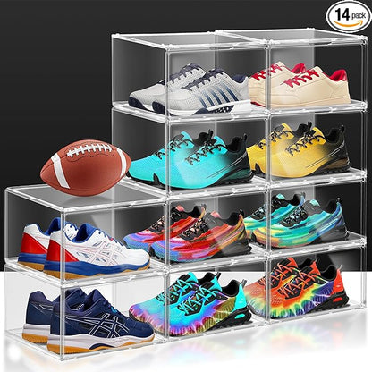 3BBYJL 14 Pack Plastic Shoe Boxes Fit US Size 13, Clear Stackable Shoe Display Case with Magnetic Acrylic Door Shoe Containers for Sneaker Storage, Hats, Figure, Collectible
