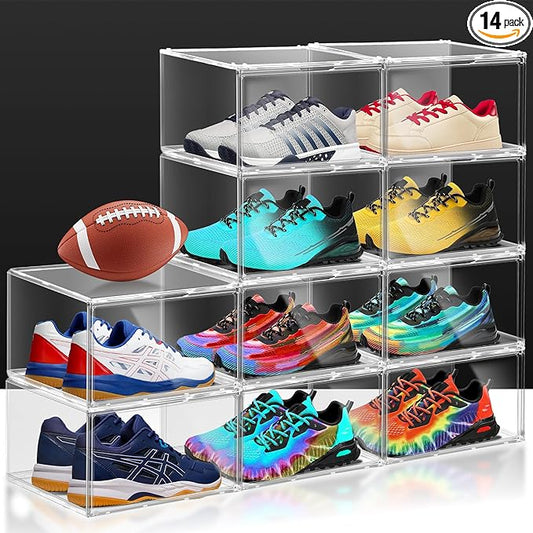 3BBYJL 14 Pack Plastic Shoe Boxes Fit US Size 13, Clear Stackable Shoe Display Case with Magnetic Acrylic Door Shoe Containers for Sneaker Storage, Hats, Figure, Collectible
