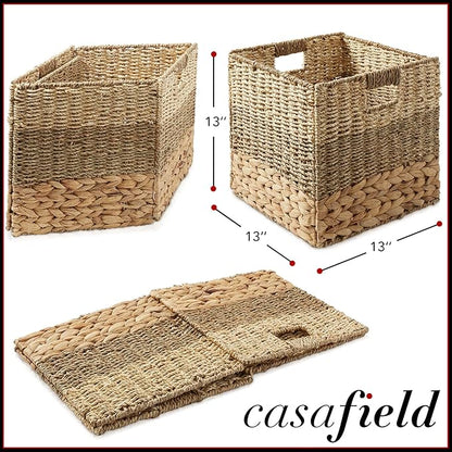 Casafield 13" x 13" Mixed Weave Storage Baskets, Natural - Set of 2 Woven Hyacinth Seagrass Wicker Storage Cube Bins for Bathroom, Bedroom, Laundry, Pantry, Shelves