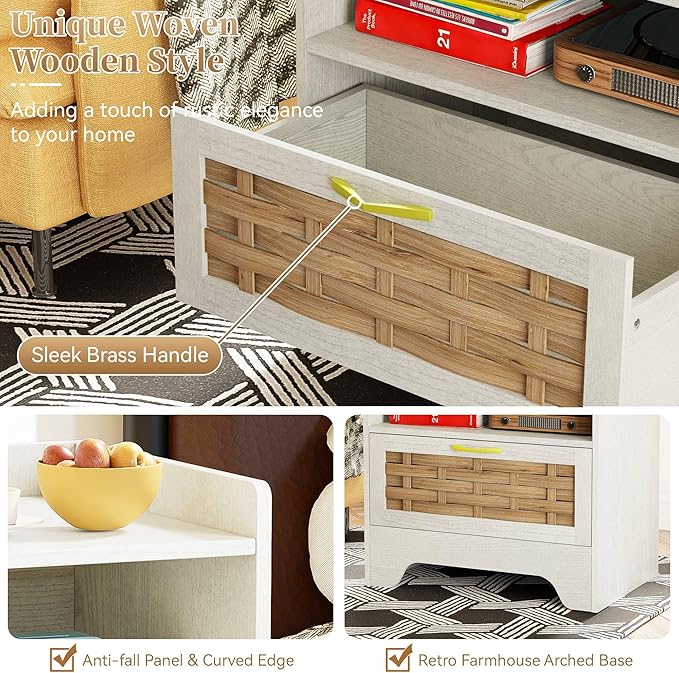 HOCAT 24" Rattan Nightstand with Storage Drawer, White Bedside Table with Semi Open Cubby, Boho Night Stand with Farmhouse Arched Base for Bedroom, Side Table, End Table for Dorm