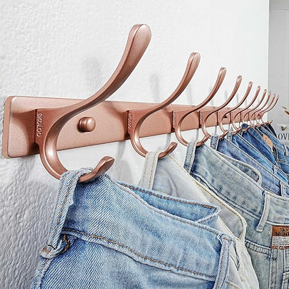 SKOLOO Coat Rack Wall Mounted - 10 Hooks, Heavy Duty, Stainless Steel, Metal Wall Hanger, Sturdy Coat Hooks for Hanging Coats, Jacket, Clothes, Hat, Matte Rose Gold