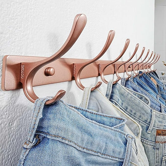 SKOLOO Wall Mounted Coat Rack - 10 Hooks, Pack of 2, Heavy Duty, Stainless Steel, Metal Wall Hanger, Sturdy Coat Hooks for Hanging Coats, Jackets, Clothes, Hats - Matte Rose Gold