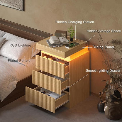 BOXACTION Wood Nightstand with 3 Drawers and LED Light, Mid Century Modern Fluted Night Stand with Charging Station, Bedside Table & End Table for Bedroom