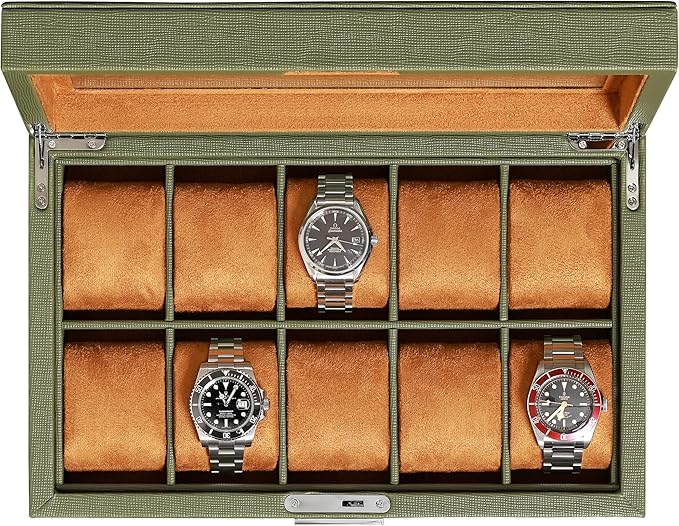 ROTHWELL 10 Slot Leather Watch Box - Luxury Case Display Jewelry Organizer - Locking Watch Display Case Holder with Large Glass Top - Box Organizer for Men and Women (Green/Tan)