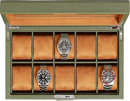 ROTHWELL 10 Slot Leather Watch Box - Luxury Case Display Jewelry Organizer - Locking Watch Display Case Holder with Large Glass Top - Box Organizer for Men and Women (Green/Tan)