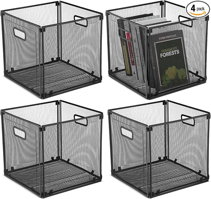 4 Pcs Foldable Metal Cube Storage Baskets 13x13 Kitchen Wire Baskets Stackable Mesh Laundry Organizer Bin with Handles for Shelves Kitchen Cabinets Closet Food (Black)
