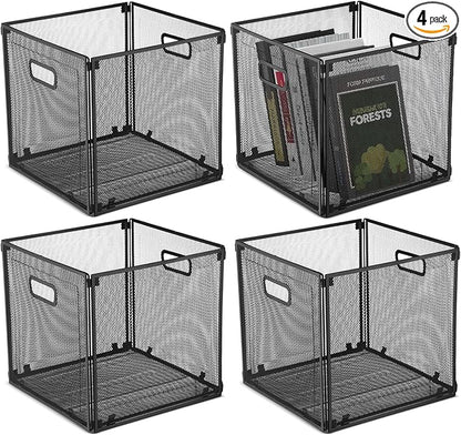 4 Pcs Foldable Metal Cube Storage Baskets 13x13 Kitchen Wire Baskets Stackable Mesh Laundry Organizer Bin with Handles for Shelves Kitchen Cabinets Closet Food (Black)