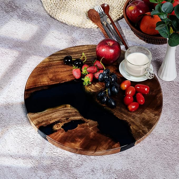 Handmade Reversible 16" Wood and Epoxy Resin Lazy Susan, Turntable for Kitchen Countertop, Rotating Display Stand, Organizer and Storage for Dining Table, Cup Board, Home Decor (Clear Dark Blue)