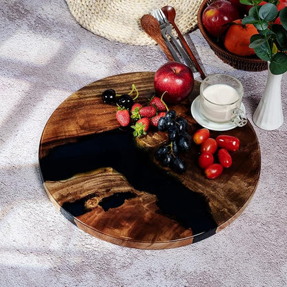 Handmade Reversible 16" Wood and Epoxy Resin Lazy Susan, Turntable for Kitchen Countertop, Rotating Display Stand, Organizer and Storage for Dining Table, Cup Board, Home Decor (Clear Dark Blue)
