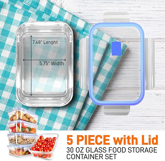 NutriChef 10 Piece Glass Food Storage Containers with Lids – 30 oz Meal Prep Containers Reusable – Airtight Glass Lunch Containers for Food Storage – Freezer to Oven Safe - Blue