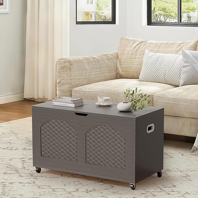 Storage Chest, Rattan-Style Toy Storage Bench with Lid and Wheels, Square Storage Trunk for Entryway, Bedroom, Living Room(Gray)