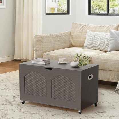 Storage Chest, Rattan-Style Toy Storage Bench with Lid and Wheels, Square Storage Trunk for Entryway, Bedroom, Living Room(Gray)