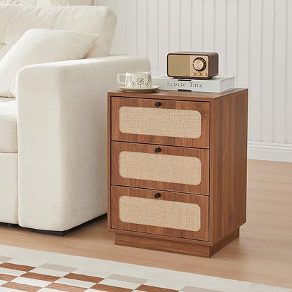 AVZEAR Mid Century Night Stand Set of 2, Modern Nightstand with 3 Drawers and Nature Linen Panel, Wood Bedside Table Rustic End Table for Small Space, Dorm, Bedroom(Walnut)