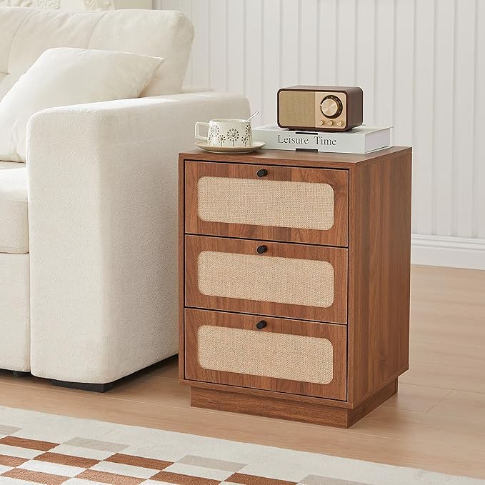 AVZEAR Mid Century Night Stand with 3 Drawers, Farmhouse End Table with Storage & Curved Linen Panel, Modern Nightstands Bedside Table Small Side Table for Small Space, Bedroom(Walnut)
