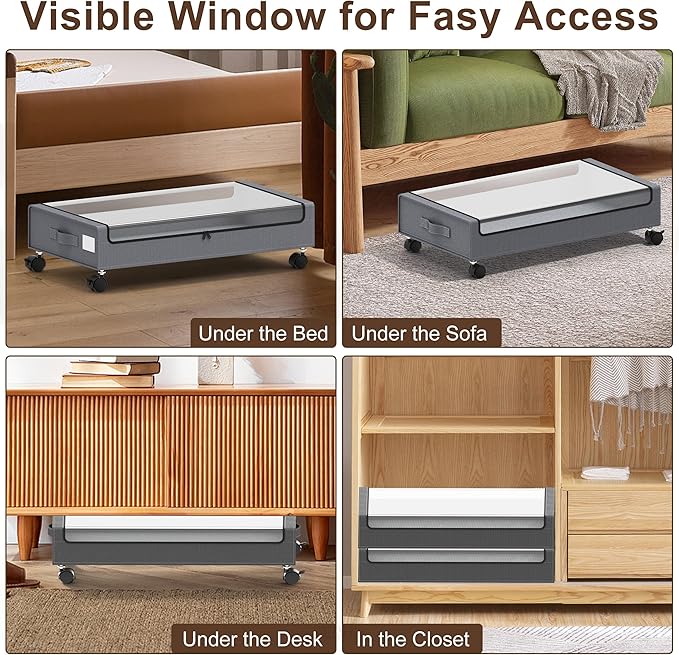 VXEAPADE Under Bed Storage with Wheels - 2Pack Underbed Storage Containers with Clear Lid & Label, Under The Bed Rolling Storage Bins for Shoes, Clothes, Blankets, Books (Grey, Large)
