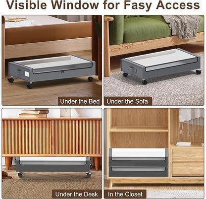 VXEAPADE Under Bed Storage with Wheels - 2Pack Underbed Storage Containers with Clear Lid & Label, Under The Bed Rolling Storage Bins for Shoes, Clothes, Blankets, Books (Grey, Large)