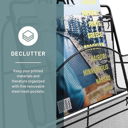 Safco Onyx Mesh Magazine Holder, Ladder Style Display Rack with 5 Pockets, Brochure Organizer, Commercial-Grade Steel Construction, Black