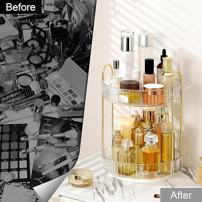 Weidace 360 Rotating Makeup Organizer for Vanity, Bathroom Countertop Spinning Perfume Organizer, High-Capacity Cosmetic and Skincare Dresser Make Up Holder Rack (2 Tiers, White)