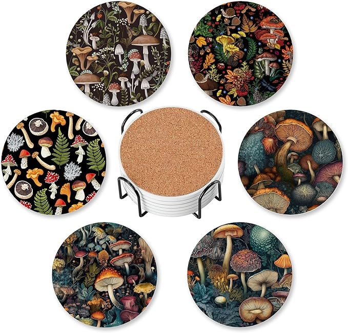 Mushrooms Coasters for Drinks Absorbent with Holder,Spring Leaves Sets of 6 Durable Cup Coaster for Coffee Table Protection,Great Housewarming Birthday Gifts,Home Decor