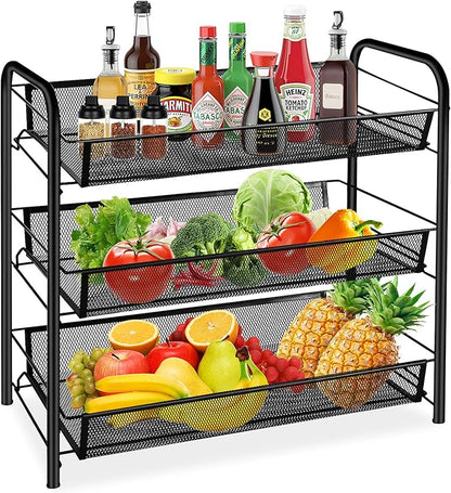 CVHOMEDECO. 3 Tier Fruit Basket Large Capacity Rectangular Metal Fruit Bowl Detachable Metal Fruit Stands Organizer for Kitchen Counter, Bread, Vegetable, Snack and Fruits. Black
