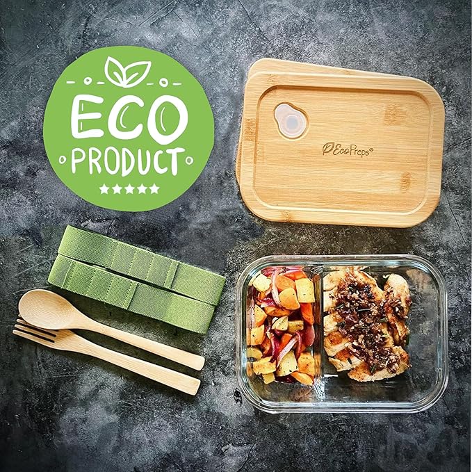 EcoPreps Glass Meal Prep Containers with Bamboo Lids, 2 Compartment Glass Bento Box Container Set (3 Pack) | 100% Plastic Free, Eco-Friendly, Lunch Containers with Lids Made of Bamboo - Set of 3